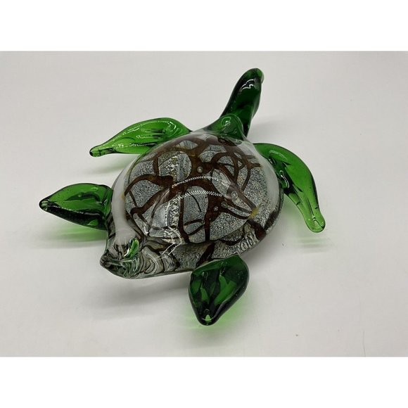 Italian Art Glass Sea Turtle Green Marbled Paperweight Gold Brown Marine - Picture 10 of 16